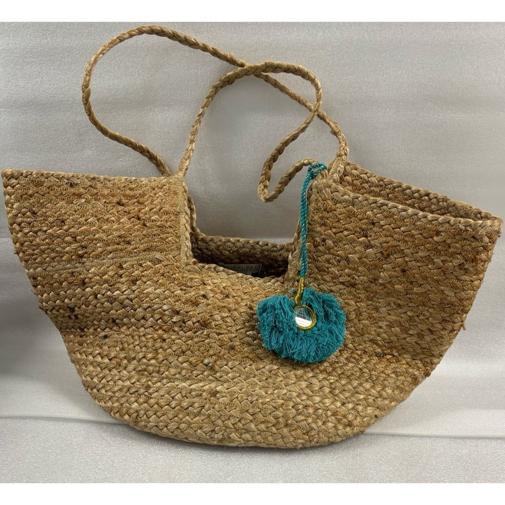 Shiraleah Natural Jute  Hobo Large Tote With Teal Pom Charm